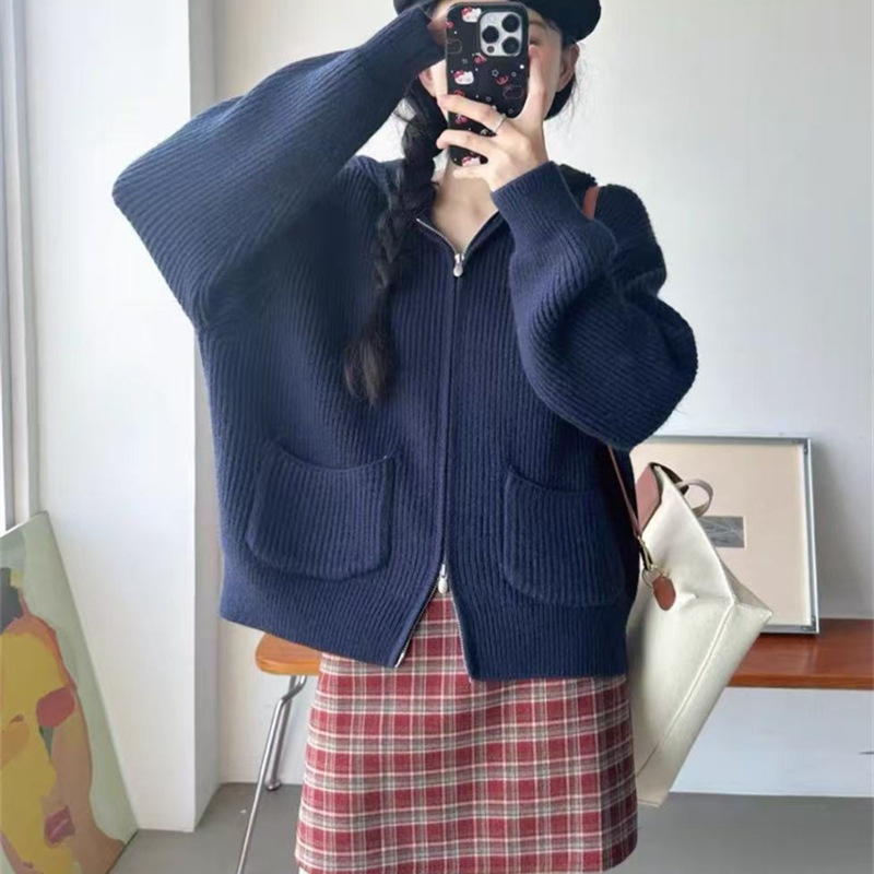 欧洲站纯色连帽拉链毛衣外套女秋冬新款宽松慵懒风软糯厚针织开衫|undefined
