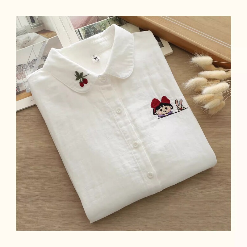 Good Quality-Cotton Embroidered Shirt Women's Spring and Autumn New Artistic Fresh and Cute Embroidered Shirt Base Top