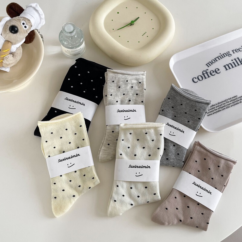 Spring and Summer New Curled Socks for Women, Cream-Based Dotted Mid-Calf Socks, Korean-Style Literary Polka-Dot Simple Pure Color Confinement Socks