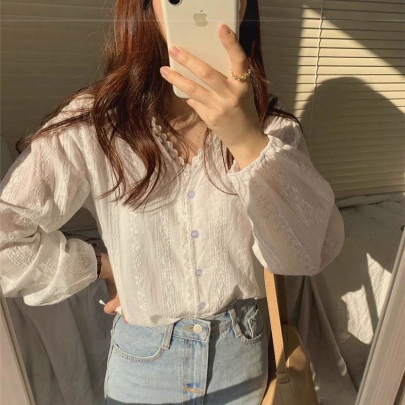 韩国ins简约V领蕾丝拼接衬衣女2025夏季新款宽松长袖衬