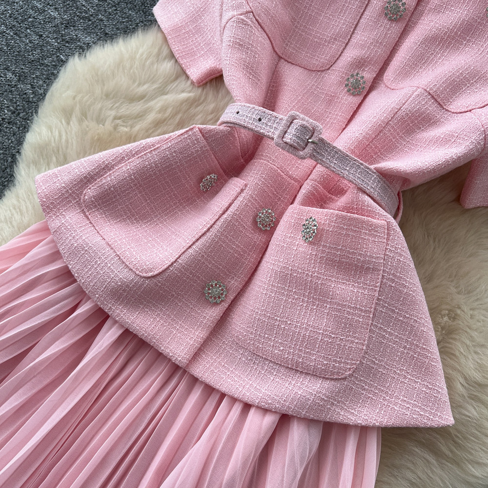 Inspired Pink A-Line Dress Short Sleeved High Waisted Fitted Long Skirt Luxurious Feel Women's Clothing_ecoleips.com