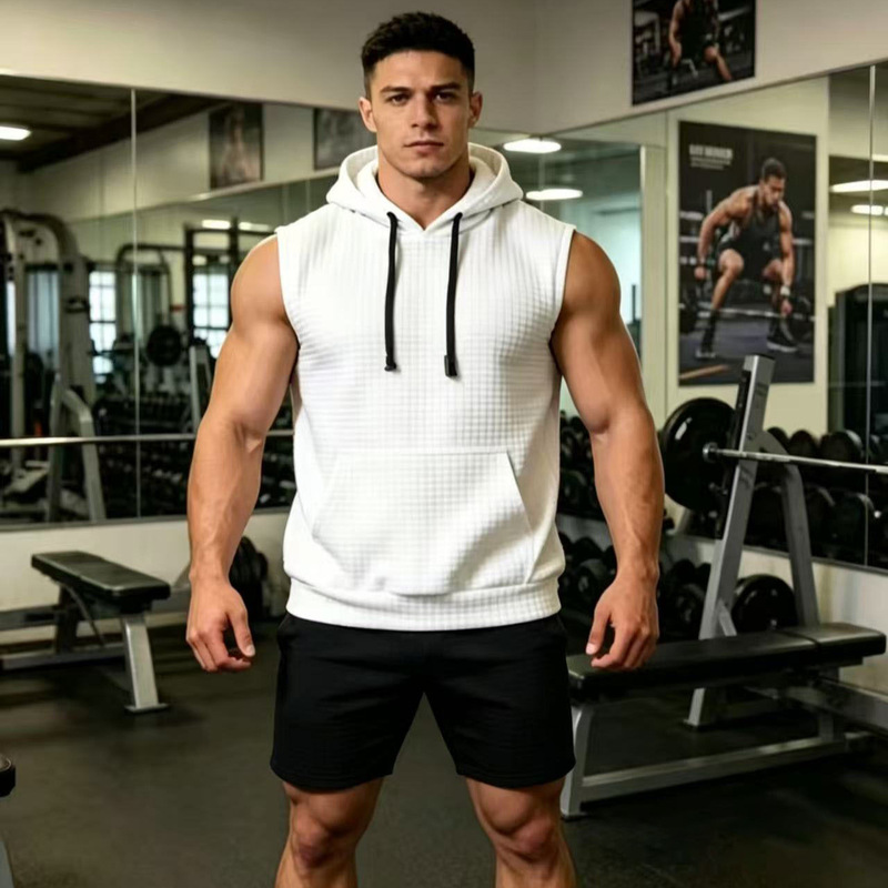 2026 Spring/Summer New Men's Hooded Sweatshirt European Size Men's Sleeveless Solid Color Hooded Sweatshirt Cross-Border Trade