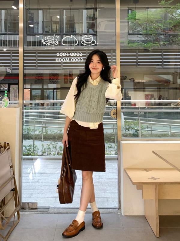 韩系学院风套装女气质Polo领衬衫上衣春秋叠穿针织马甲背心两件套|undefined