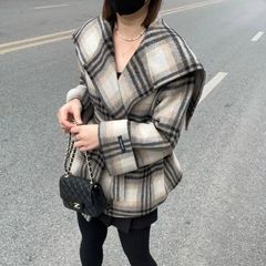 韩版慵懒风高级感格纹毛呢外套秋冬季新款宽松保暖气质呢子大衣女