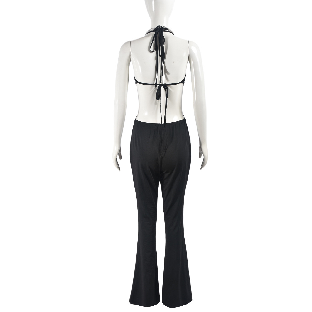Summer Sleeveless Lace up Backless Slightly Flared Sexy Wide Leg Jumpsuit for Women