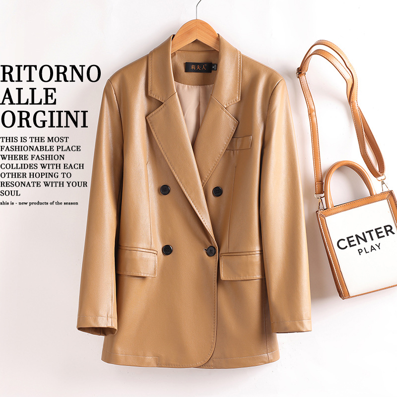 2025 Spring and Autumn New Haining Mid-Length Small Leather Jacket for Middle-Aged Women Slim Fit Motorcycle Large Size Leather Jacket