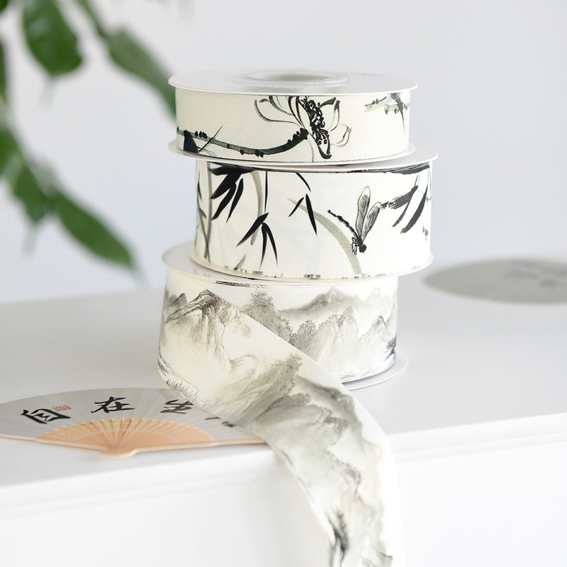 Chinese Style Ink Cotton Ribbon Woven Ancient Style Ribbon Bouquet Tie Chinese Calligraphy DIY Hair Bow