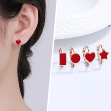 诚博 几何长方形耳环女小众设计彩金红色五角星圆圈小耳扣耳饰品