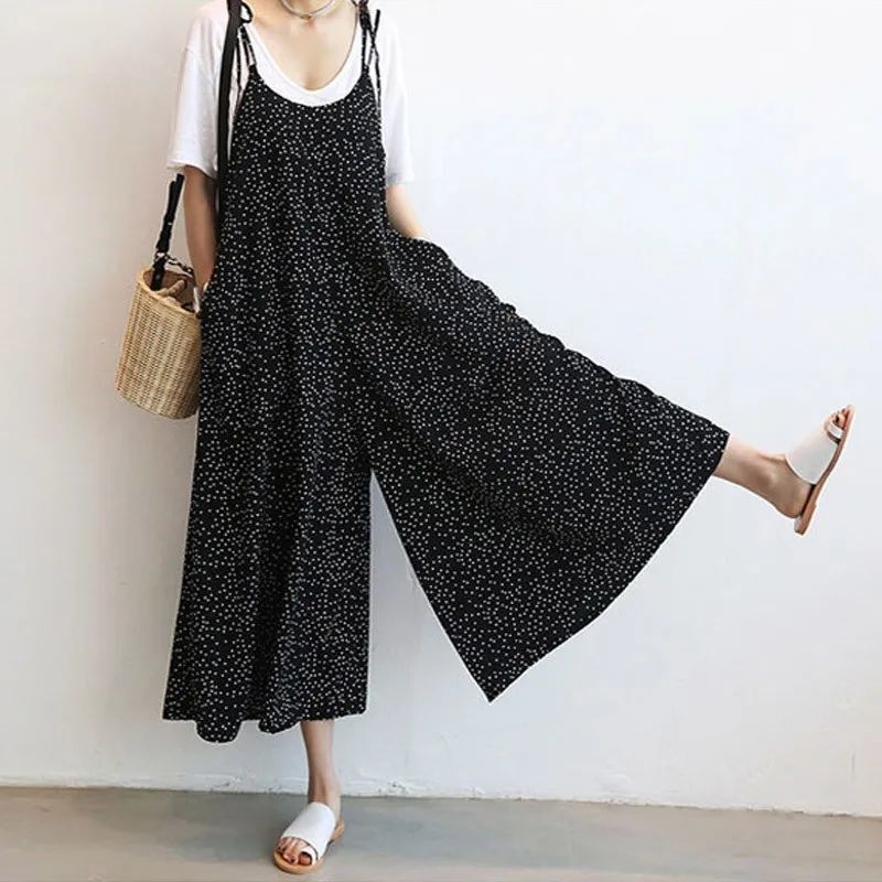 Wide-Leg Jumpsuit for Women 150kg Summer New Korean Style Polka Dot Suspender Cropped Pants Casual Loose Overalls
