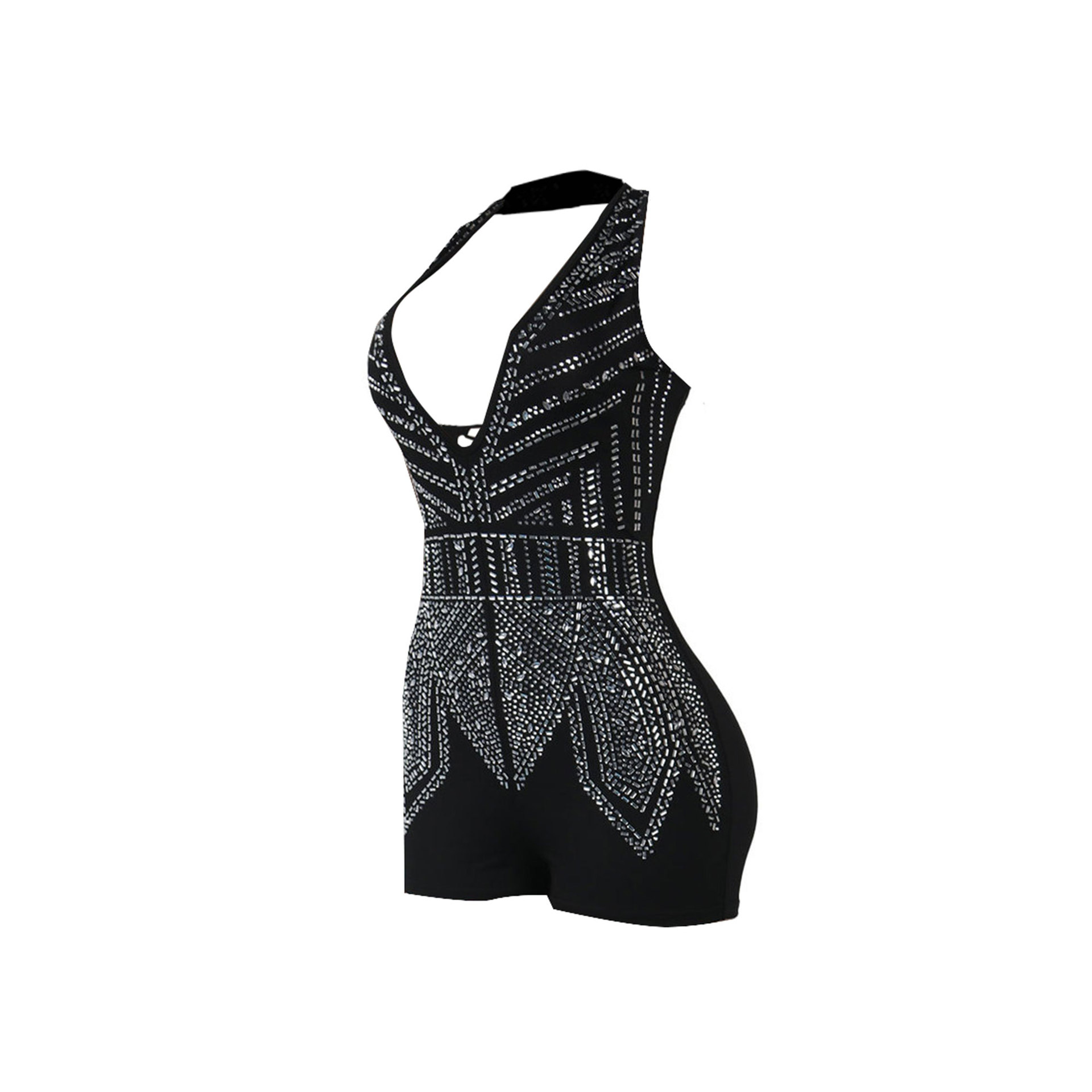 Combinaison short dos nu à bretelles et col licou pour femme avec diamants profonds_voghion.com