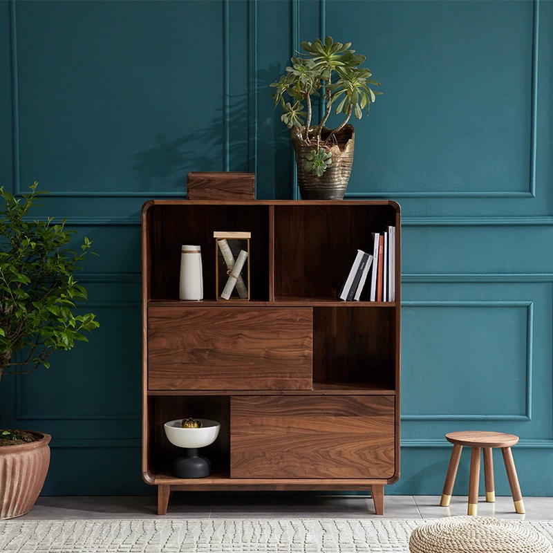Скандинавский черный орех Дерево Полностью твердая древесина Книжная полка Шкаф для хранения Простой буфет Стеллаж для хранения Легкий роскошный шкаф-ведро