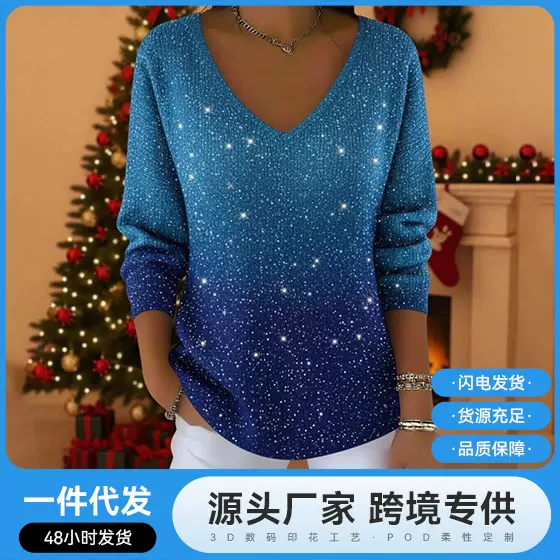 2025欧美跨境3D女装秋冬毛衣圣诞节亚马逊雪花休闲长袖V领潮定制