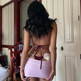 新款粉色波点纯欲风蝴蝶结少女度假温泉分体裙式三件套泳装bikini