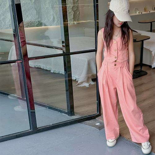 Korean children's clothing girls denim set 2024 summer outfit for girls tank top vest straight pants two-piece set stylish