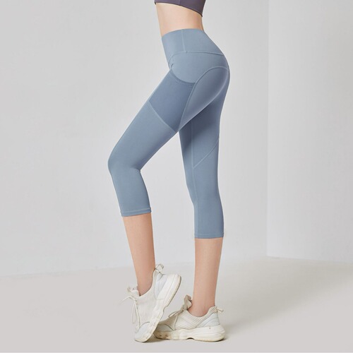 Side pocket three-quarter yoga pants for women, high-waisted gym peach butt lift fitness pants, sports tights