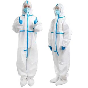Disposable blue stripe protective clothing SF breathable film layering film waterproof hooded one-piece non-woven fabric isolation clothes