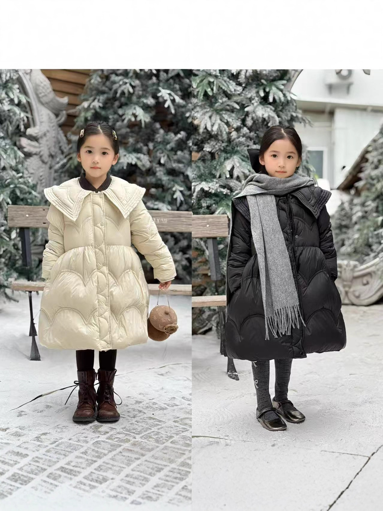 预售-2025冬季童装新品羽绒服儿童两色娃娃领中长款羽绒服亲子