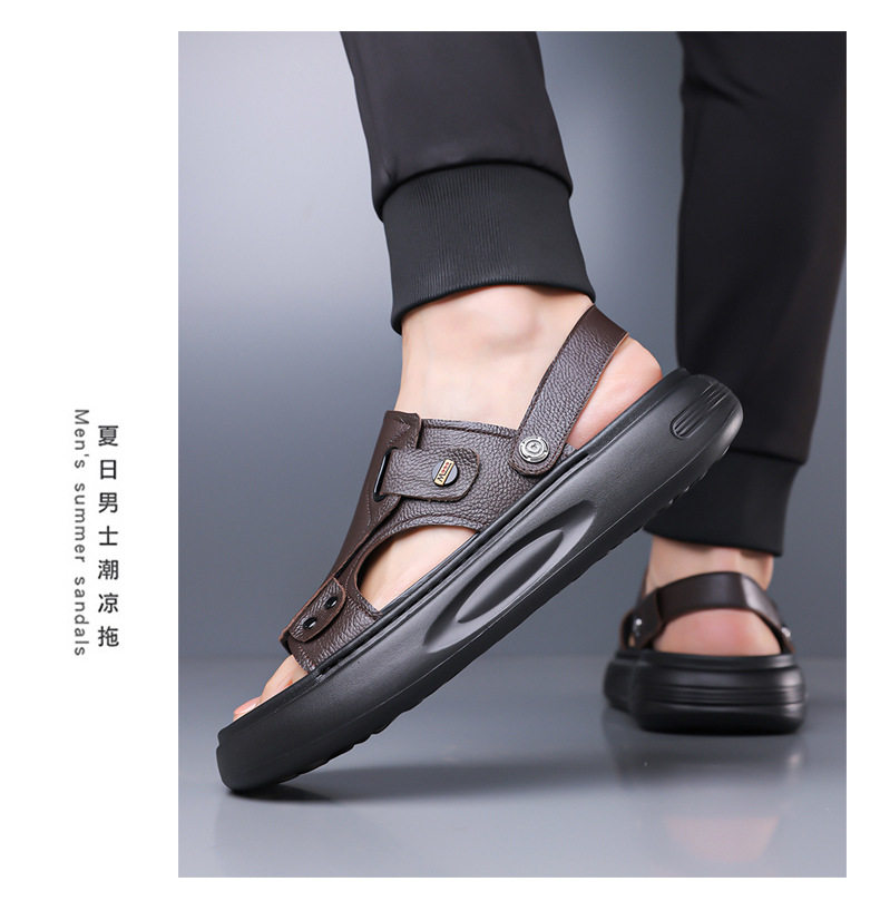 Dép sandal nam da bò lớp đầu đế dày xốp, quai hở ngón kiểu lười thoáng khí — G2S562 màu nâu, G2S562 màu đen chi tiết 14
