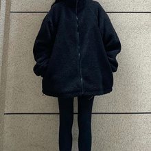 2025春夏新款纯黑色加绒加厚外套女宽松立领休闲情侣羊羔毛外套男