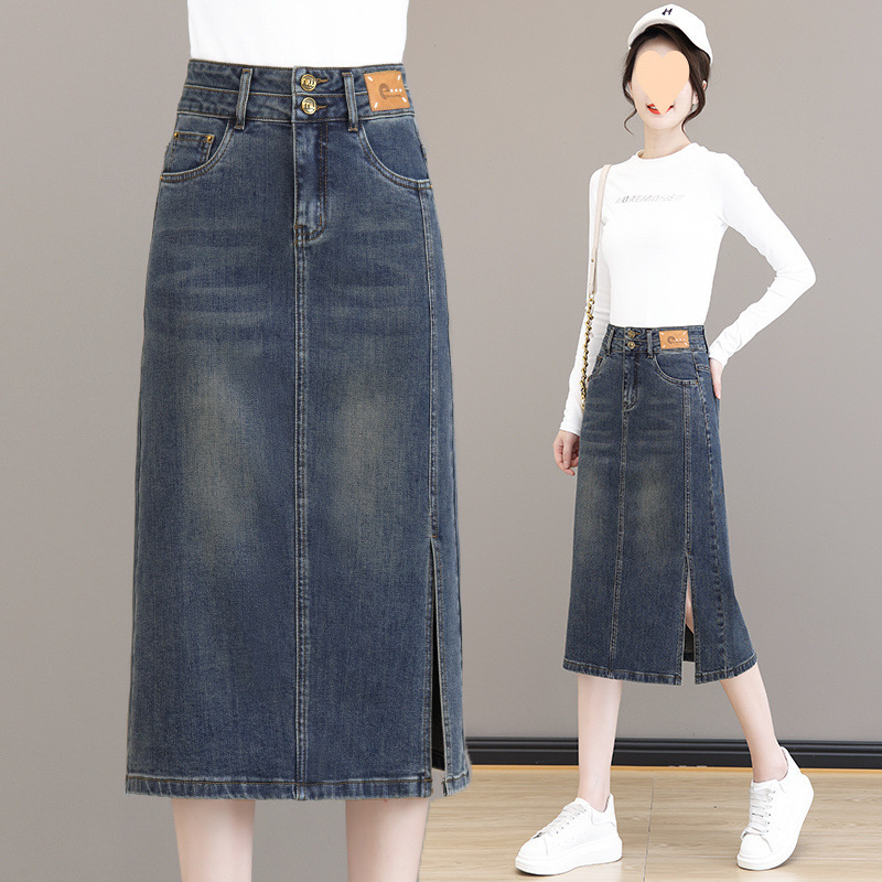 High waisted slit denim skirt for women in spring and autumn 2025 new mid-length small one-piece hip-pack long skirt for autumn