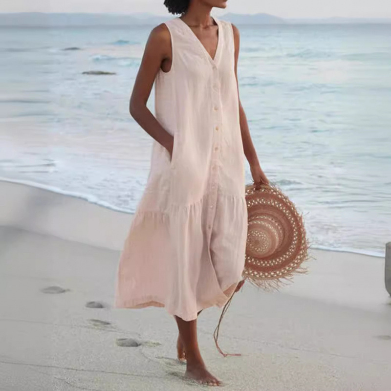 2025 Summer Export Pure Color Cotton Suspender-Style Elegant Workwear Trendy Long Dress with Loose Waist and V-Neck in Pink