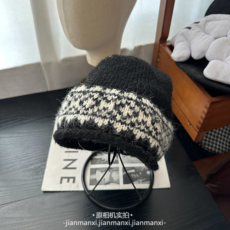 韩系简约针织费尔岛提花毛线帽子女秋冬新款休闲百搭显脸小冷帽潮|undefined