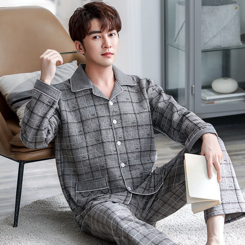 Pijama de hombre otoño y invierno engrosado aire de algodón de manga larga mezclado juvenil de mediana edad caliente primavera y otoño set de ropa de algodón casero