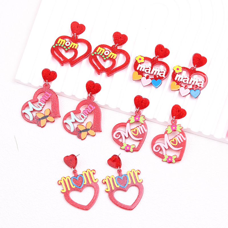 Cute Simple Style Letter Heart Shape Arylic Printing Mother'S Day Women's Drop Earrings 1 Set 1 Pair display picture 1