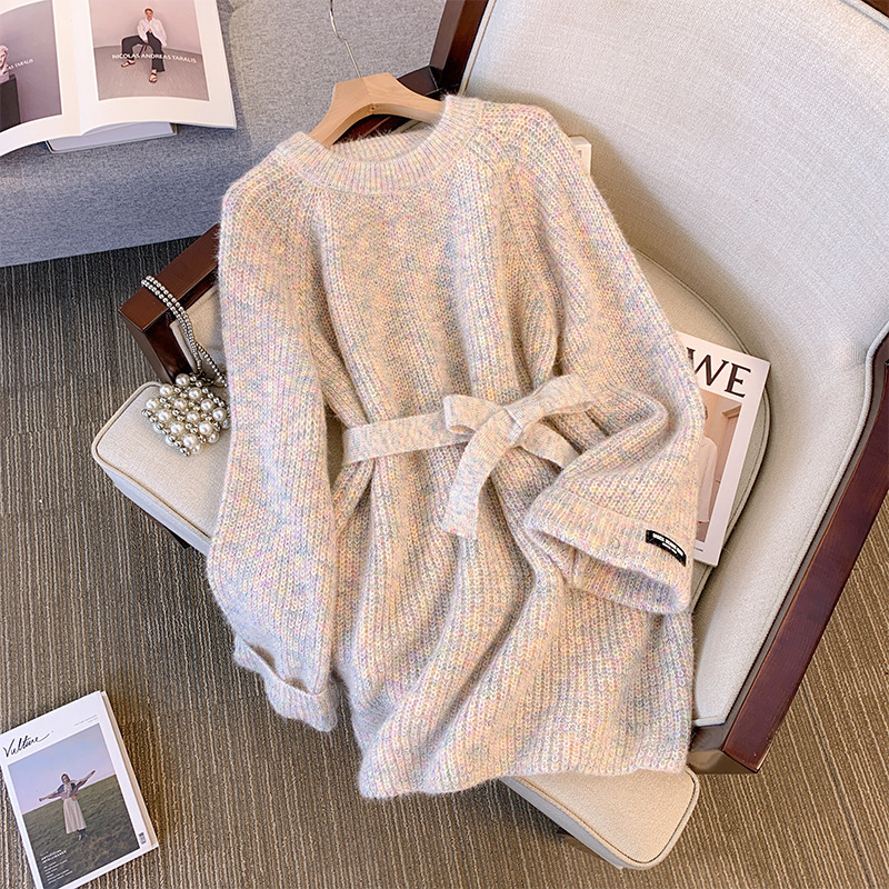 Casual and elegant women's sweater for autumn and winter, new mid-length loose knit dress with a tie waist Casual and elegant women's sweater for autumn and winter, new mid-length loose knit dress with a tie waist