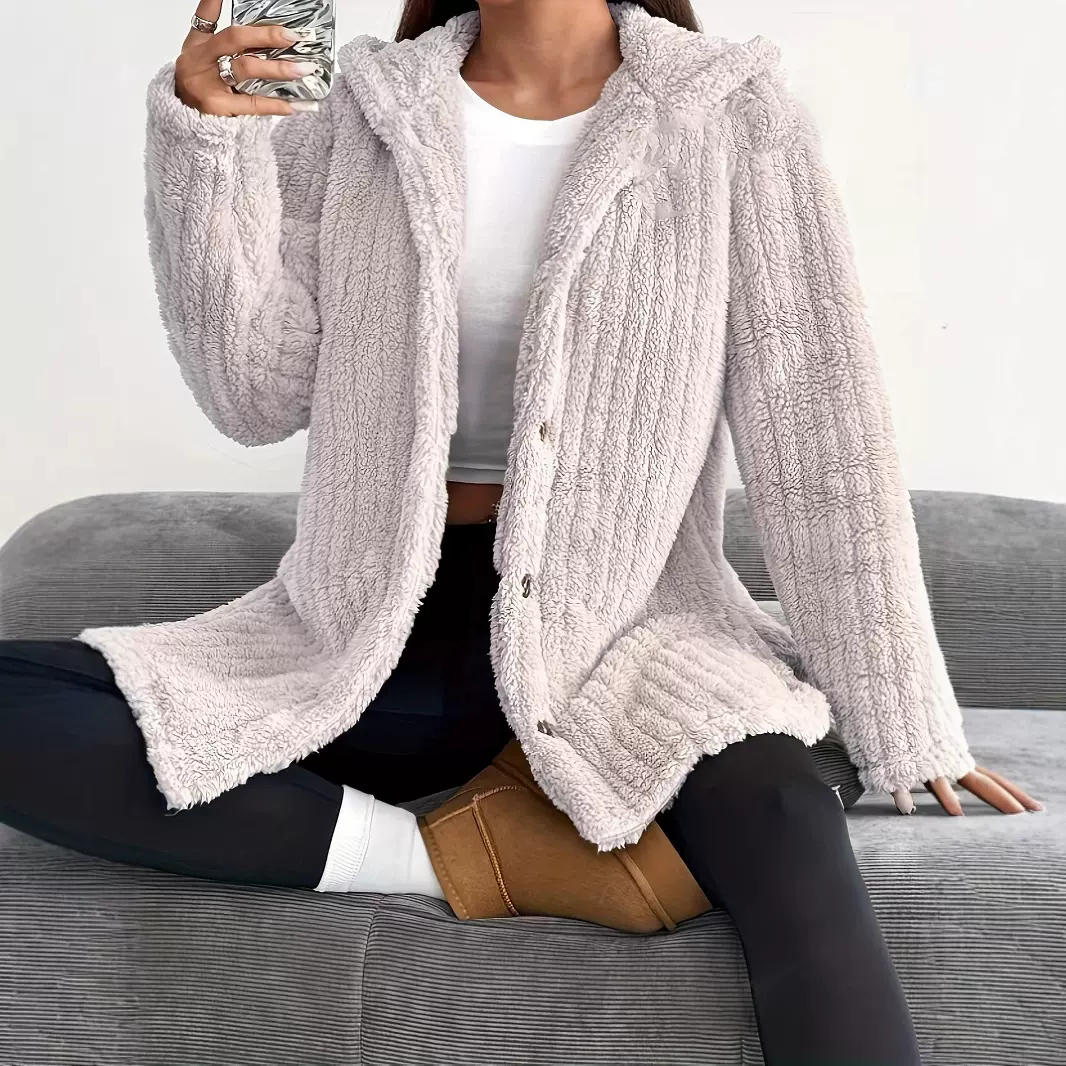 2025速卖通 Wish ebay秋冬欧美女装纯色长袖连帽宽松毛绒绒外套女