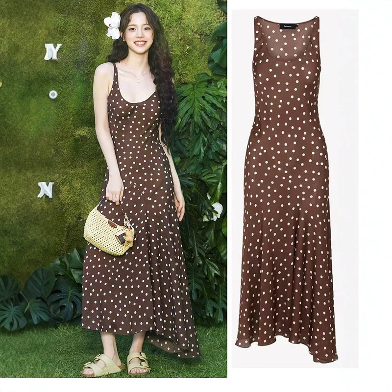 Summer New Style Ouyang Nana Same Style Silk Dress French Retro Sleeveless Polka Dot Long Dress Slim Fit Vacation Style Summer New Style Ouyang Nana Same Style Silk Dress French Retro Sleeveless Polka Dot Long Dress Slim Fit Vacation Style