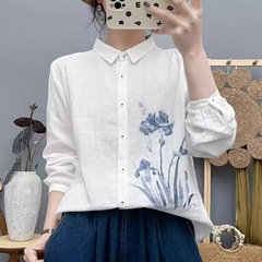 棉纱衬衫2025春秋季新款文艺小清新印花休闲上衣女长袖双层纱衬衣