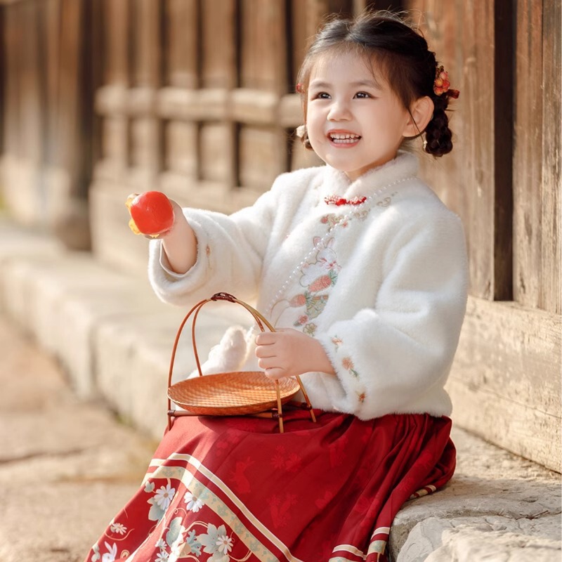 Girls' Hanfu Mamian Skirt Set Autumn/Winter New Children's Chinese Style Traditional New Year Outfit Baby Tang Suit Two-Piece Set