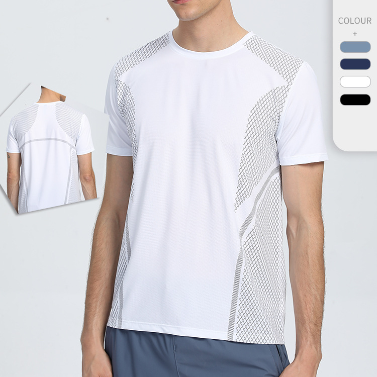 Transfronterizo impreso sudor-absorbente de secado rápido camiseta de los hombres verano nuevo cuello redondo estiramiento transpirable de manga corta deportes ropa de entrenamiento al aire libre