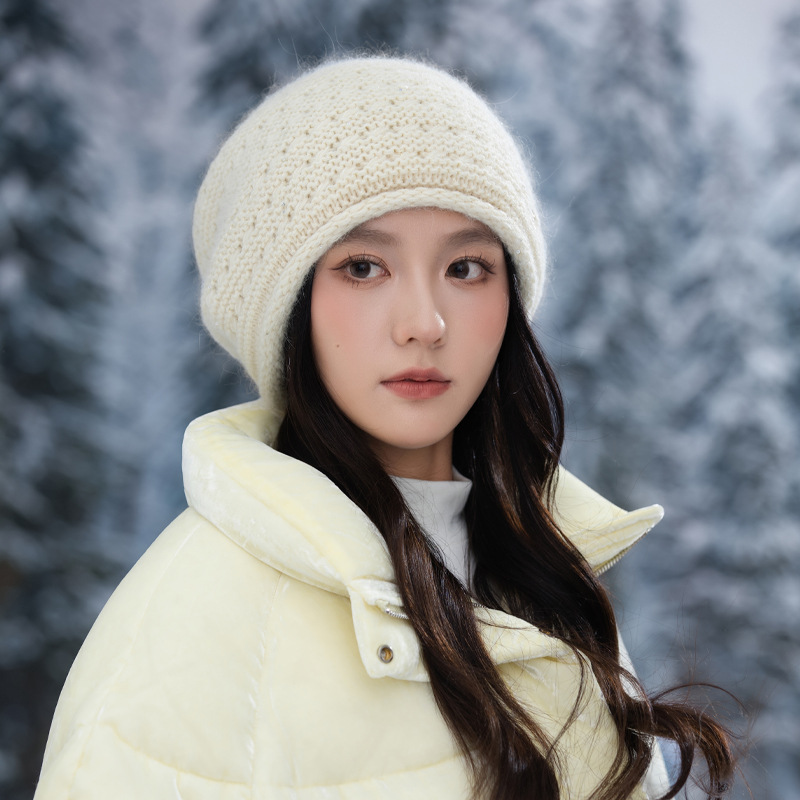 Autumn Winter Women Fashion Versatile Knitted Solid Color Head Wrap Warm Thickened Fleece Yarn Mom Hat_voghion.com