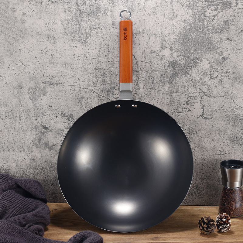 炊大皇鐵鍋鐵娘子無塗層圓底炒鍋燃氣灶凹面電磁爐家用鐵鍋炒菜鍋