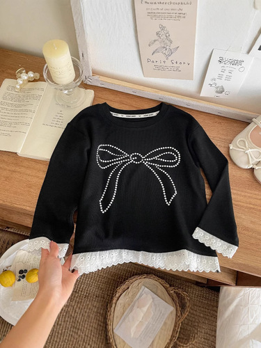 2025 Korean-style bow handmade beaded women's round neck design sense loose slim sweet knitted sweater