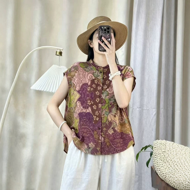 2026 Summer New Style Retro Floral Print Distressed Double-Layer Gauze Cotton Shirt Loose Round Neck Cardigan Top for Women