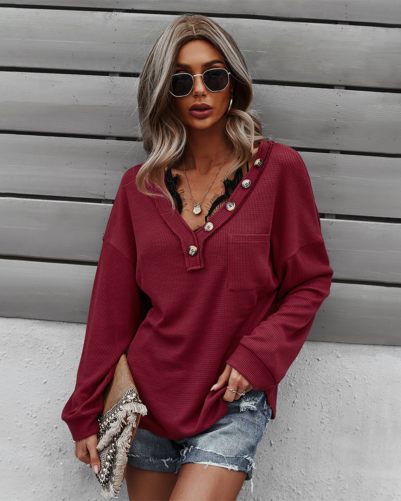 women s V-neck solid color knitted top long-sleeved sweatshirt nihaostyles clothing wholesale NSDY73979