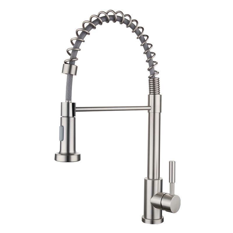 Hot-Selling 304 Stainless Steel Deck-Mounted Flexible Spring Pull-Out Hot and Cold Kitchen Faucet