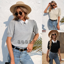 2022跨境欧美外贸新款亚马逊春夏套头针织衫女短袖纯色翻领针织衫