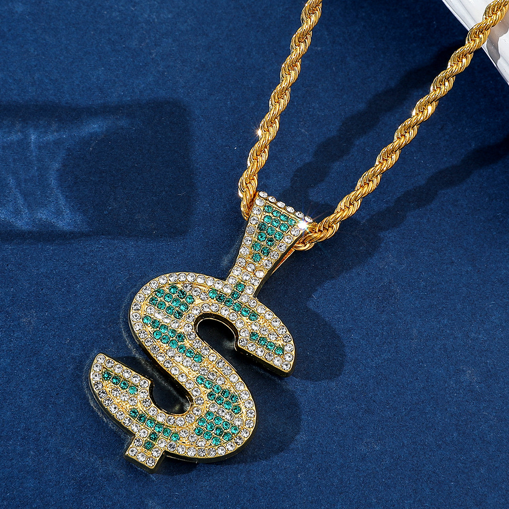 Hot selling US dollar necklace hip hop personality trend necklace, diamond studded US dollar rotating pendant necklace_voghion.com