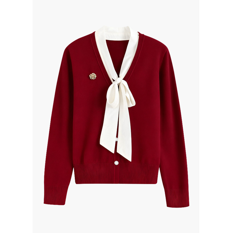 2025 New Autumn and Winter V-Neck Long-Sleeved Red Knitwear Women's French Style New Year's and Christmas Fashion Versatile Tops