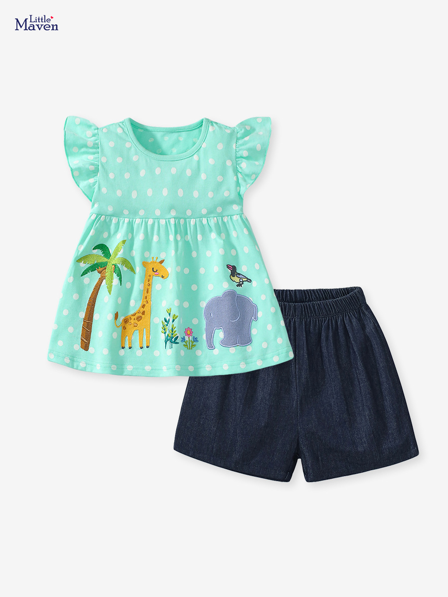 Little maven2024 traje de verano para niñas pantalones cortos de manga corta de algodón puro traje de dos piezas para niños traje para niños europeo y americano