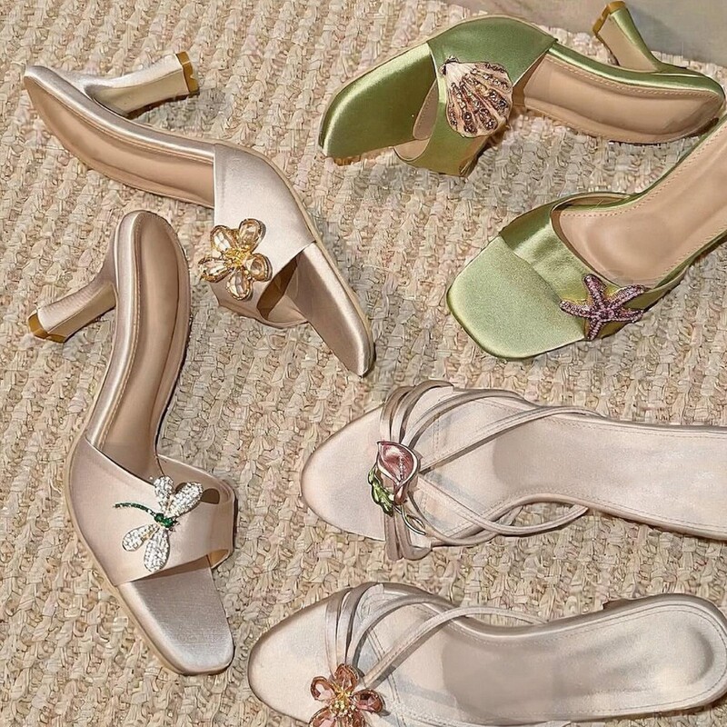[in Stock] Thai Rhinestone Square-Toe High-Heel Sandals for Women, Summer Outdoor Wear, Chunky Heel, Stunning Satin Slippers with a High-End Feel