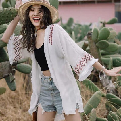 Bohemian Ethnic Style Embroidered Tassel Sun Protection Clothes for Women Summer Thin Outer Shawl Long Cardigan Top Bohemian Ethnic Style Embroidered Tassel Sun Protection Clothes for Women Summer Thin Outer Shawl Long Cardigan Top