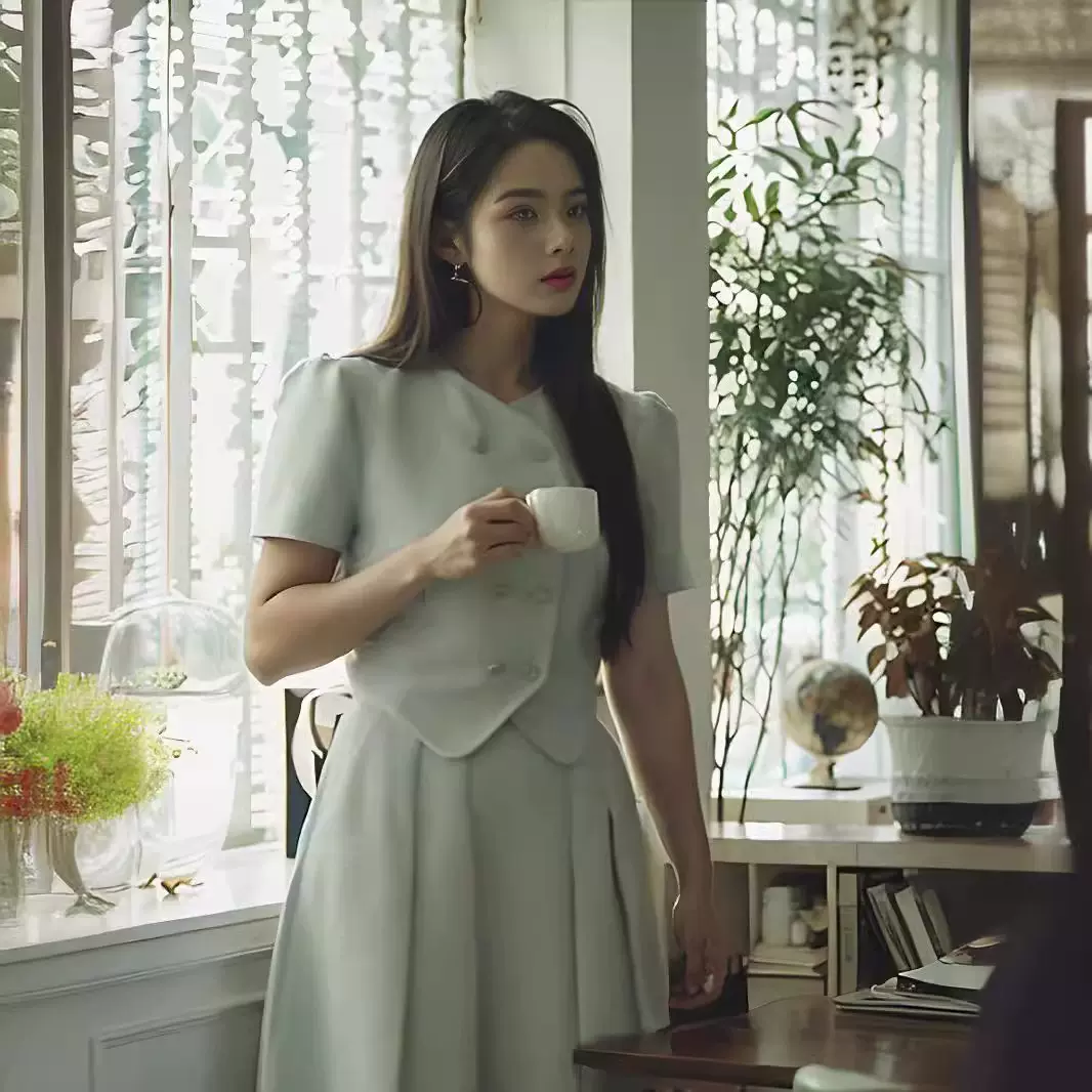 刘亦非同款衣服蓝色小香风短袖西服上衣半身裙长裙子两件套装衣服