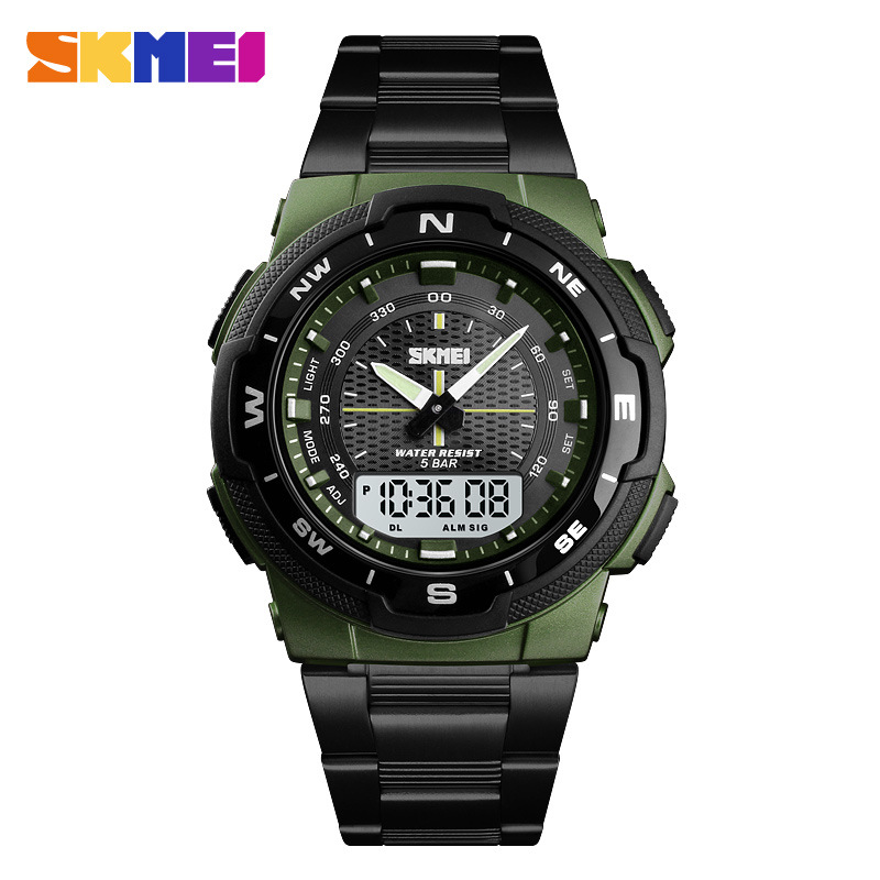 Skmei correa de acero transfronteriza estudiante doble pantalla reloj electrónico skmei moda al aire libre multifuncional reloj deportivo para hombre