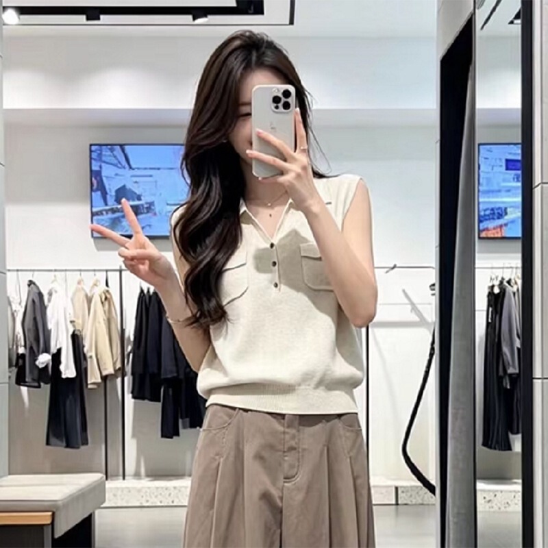 2026 Summer New Fashion Linen Lapel Sleeveless Vest Knitwear for Women 5H4331681