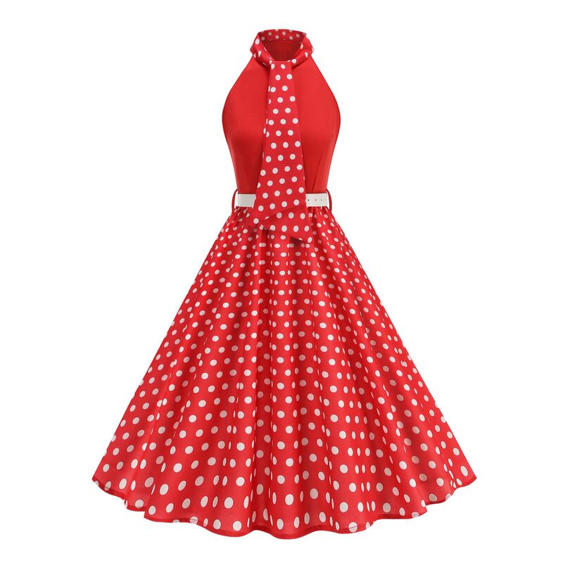 Real Shot of Cross-Border European and American Christmas Elegant Retro Hepburn Digital Printed Polka Dot Splicing Elastic Waist Dress
